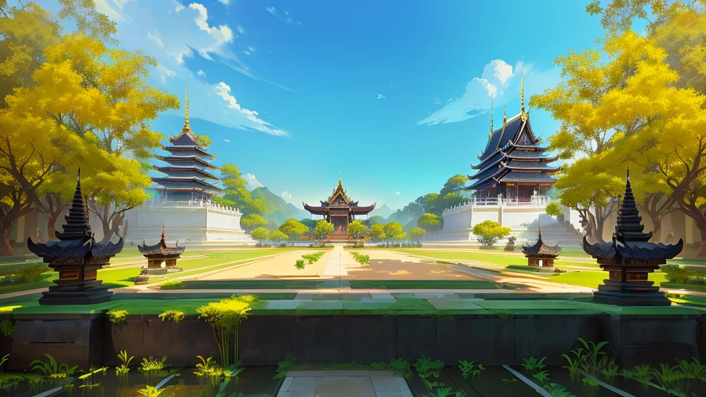 there is a painting of a courtyard, arena background, mobile game background, background art, background artwork, palace background, game background, temple background, volley court background, zen temple background, anime background art, royal garden background, amazing wallpaper, anime background, 2 d game art background, park background, anime scenery concept art, videogame background, Cassia fistula, far architect thailand, thailand temple, temple behind, thailand mood, thailand backgound