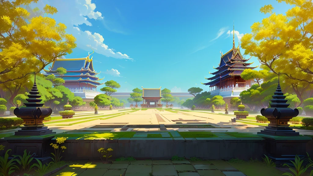 there is a painting of a courtyard, arena background, mobile game background, background art, background artwork, palace background, game background, temple background, volley court background, zen temple background, anime background art, royal garden background, amazing wallpaper, anime background, 2 d game art background, park background, anime scenery concept art, videogame background, Cassia fistula, far architect thailand, thailand temple, temple behind, thailand mood, thailand backgound