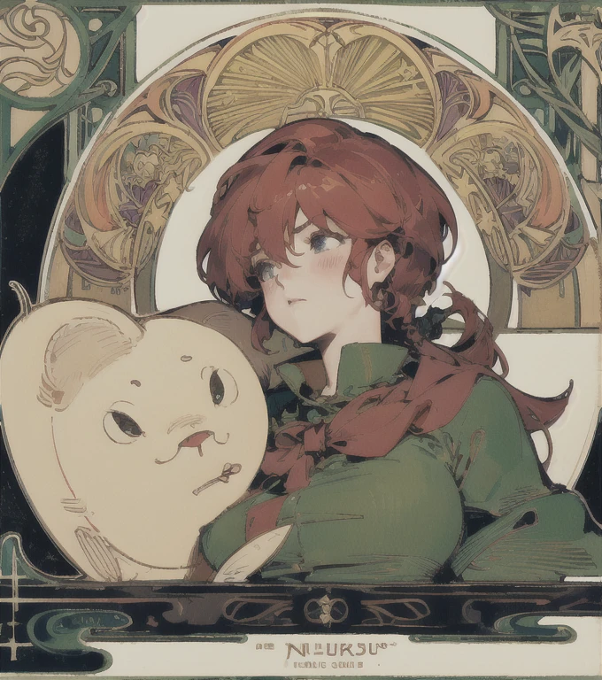 looking away, aerial angle, (mechanical, complex body), ((huge god's weapon has female face's outline embedded)), small breast, drooping eyes, blush, sleepy, (art nouveau),