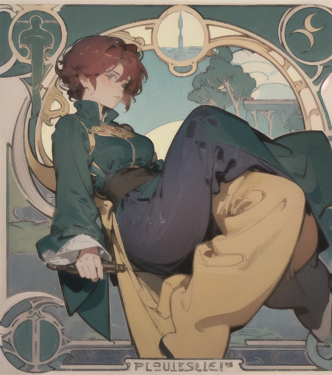 looking away, aerial angle, (mechanical, complex body), ((huge god's weapon has female face's outline embedded)), small breast, drooping eyes, blush, sleepy, (art nouveau),