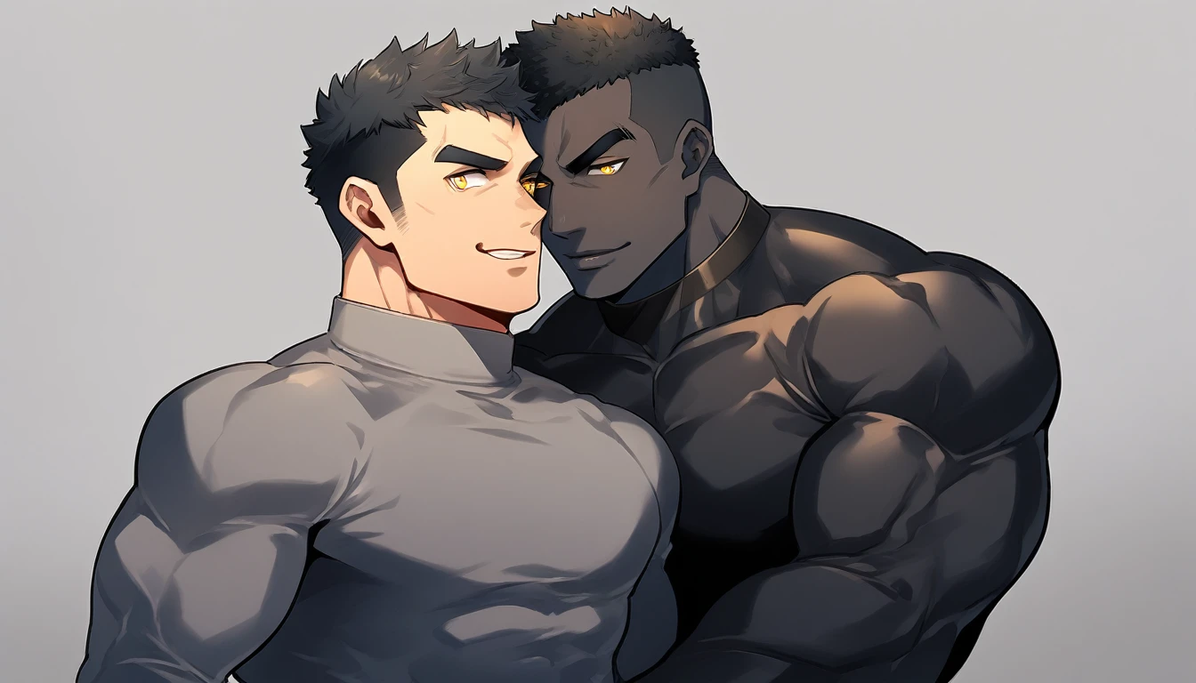 anime characters：Two superheroes in tights, Muscle superhero, negro black skin, They hugged and kissed each other, Caress, Manliness, male focus, Yellow and black striped high collar long sleeve tight T-shirt, Slightly transparent material, Very tight, Round, full and perky chest muscles, Male dog waist, Slightly transparent, muscular male, muscular, only, Upper body, alone, Black short hair, Thick eyebrows, stubble, Yellow eyes, Grey background, simple background, amazing quality, best aesthetics, Ridiculous, bright pupils, crew cut, parted lips, seductive smile, torogao, naughty face, drop shadow, best quality