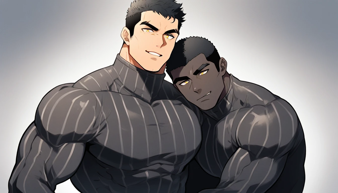 anime characters:Two superheroes in tights, Muscle superhero, negro black skin, They hugged and kissed each other, Caress, Manliness, male focus, Yellow and black striped high collar long sleeve tight T-shirt, Slightly transparent material, Very tight, Round, full and perky chest muscles, Male dog waist, Slightly transparent, muscular male, muscular, only, Upper body, alone, Black short hair, Thick eyebrows, stubble, Yellow eyes, Grey background, simple background, amazing quality, best aesthetics, Ridiculous, bright pupils, crew cut, parted lips, seductive smile, torogao, naughty face, drop shadow, best quality