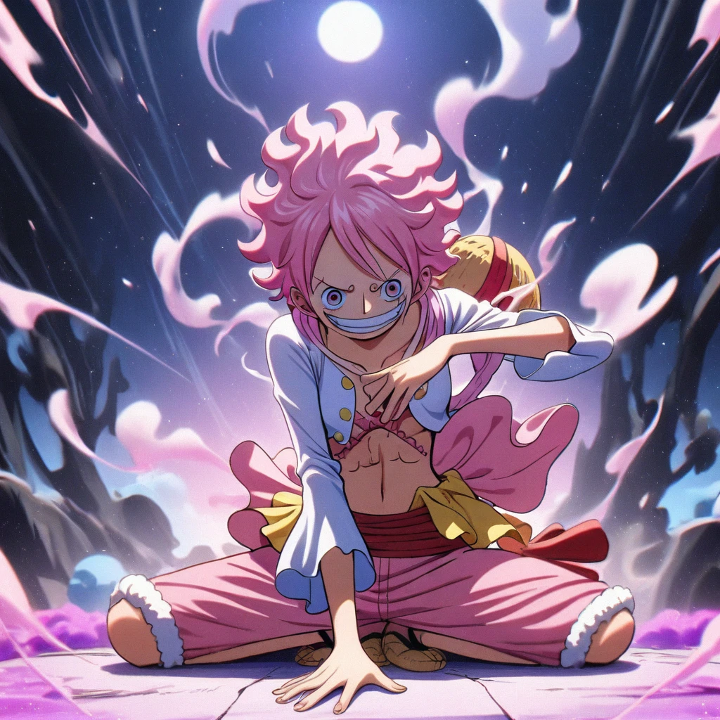 1girl, Monkey D. Luffy, One Piece,
Pink hair, pink eyes, white and pink mix, pink long skirt,
shes on a seiza pose, an empty and chill room