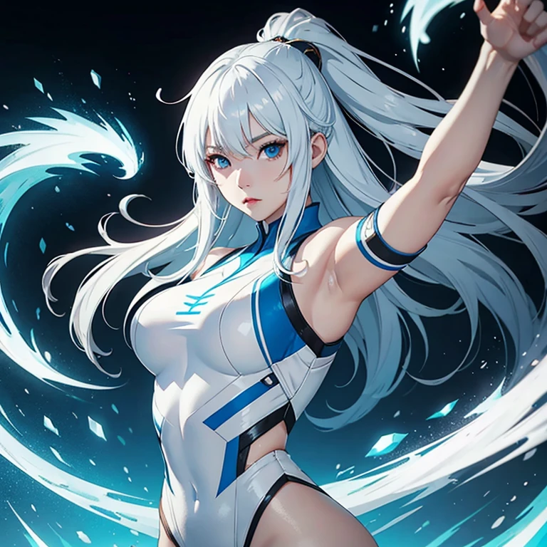 Korean girl, white long hair with bangs, icy blue eyes, white skin, white skimpy ninja suit, video game style, mortal kombat style