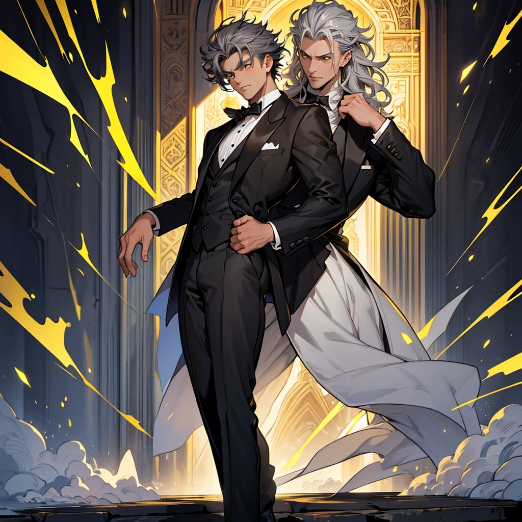 A 15 year old boy, just a boy, just a boy, weak body, fragile body, no muscles, big gray hair, gray hair, very big hair, extremely big hair, big hair, yellow eyes, suit, wearing black suit, tuxedo, wearing tuxedo, medieval background, medieval era, Ultra HD 4k, 4k, Ultra HD
