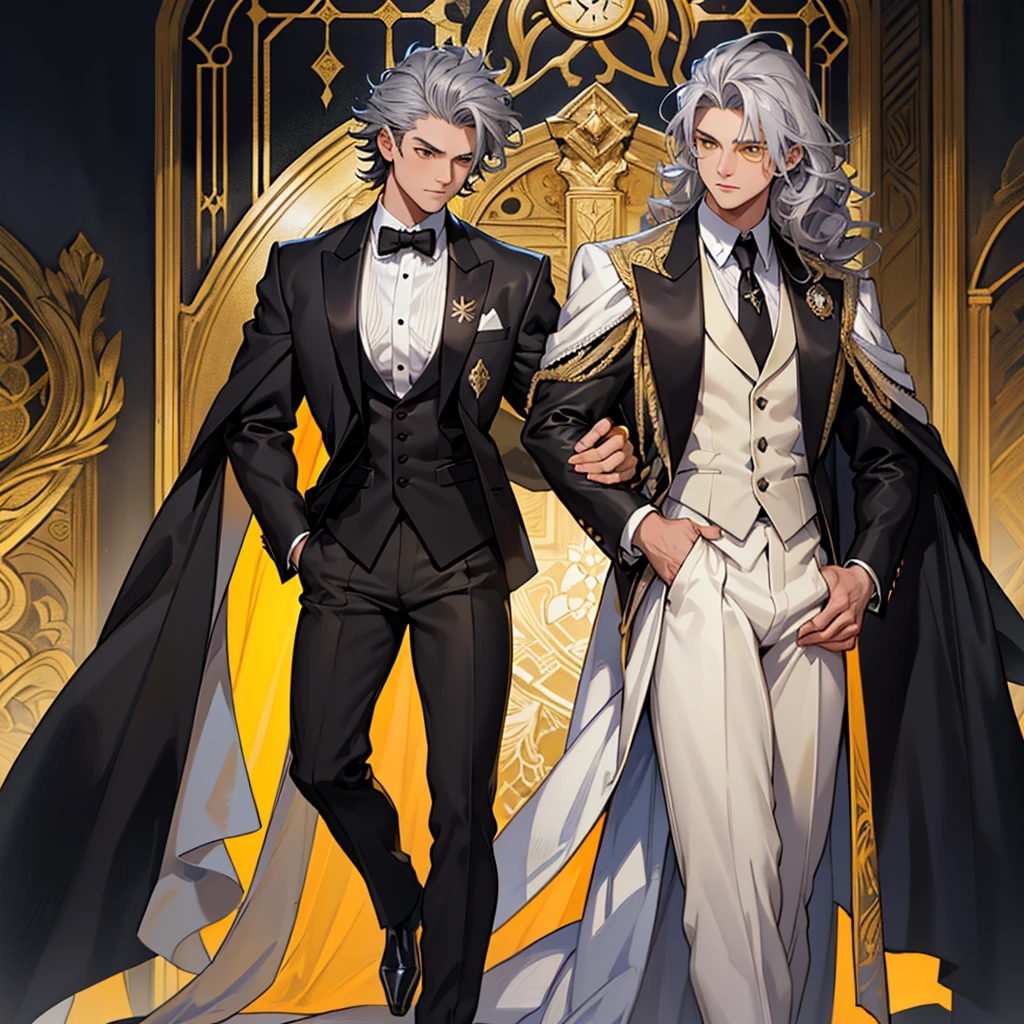 A 15 year old boy, just a boy, just a boy, weak body, fragile body, no muscles, big gray hair, gray hair, very big hair, extremely big hair, big hair, yellow eyes, suit, wearing black suit, tuxedo, wearing tuxedo, medieval background, medieval era, Ultra HD 4k, 4k, Ultra HD