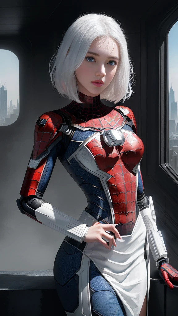 (1 girl:1.3), Alone, (((Very detailed face)))), ((Very detailed eyes and face.)))), beautifuls detalles ojos, body parts__, Official Art, unified 8k wallpaper, super detailed, beautiful and beautiful, beautiful, Masterpiece, Best Quality, Original, Masterpiece, super fine photo, Best Quality, super high resolution, realistic realism, sunlight, Full length portrait, extraordinary beauty, dynamic pose, delicate face, vibrant eyes, (FROM THE FRONT), He wears a Spider-Man suit., red and black color scheme, spider, fondo muy detallado del Ceiling de la ciudad, Ceiling, with city views, detailed face, detailed complex busy background, disordered, gorgeous, milky white, very detailed skin, realistic skin details, visible pores, clear focus, volumetric fog, 8k hd, DSLR, high quality, film grain, White skin, photographic realism, lomography, Futuristic dystopian megalopolis, translucent, eyes looking at the camera, Big , short hair,white hair ,full body,mecha,cyborg,robotic,long hair