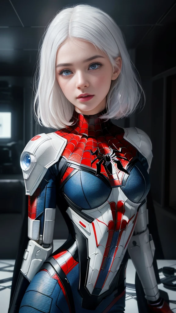 (1 girl:1.3), Alone, (((Very detailed face)))), ((Very detailed eyes and face.)))), beautifuls detalles ojos, body parts__, Official Art, unified 8k wallpaper, super detailed, beautiful and beautiful, beautiful, Masterpiece, Best Quality, Original, Masterpiece, super fine photo, Best Quality, super high resolution, realistic realism, sunlight, Full length portrait, extraordinary beauty, dynamic pose, delicate face, vibrant eyes, (FROM THE FRONT), He wears a Spider-Man suit., red and black color scheme, spider, fondo muy detallado del Ceiling de la ciudad, Ceiling, with city views, detailed face, detailed complex busy background, disordered, gorgeous, milky white, very detailed skin, realistic skin details, visible pores, clear focus, volumetric fog, 8k hd, DSLR, high quality, film grain, White skin, photographic realism, lomography, Futuristic dystopian megalopolis, translucent, eyes looking at the camera, Big , short hair,white hair ,full body,mecha,cyborg,robotic,long hair