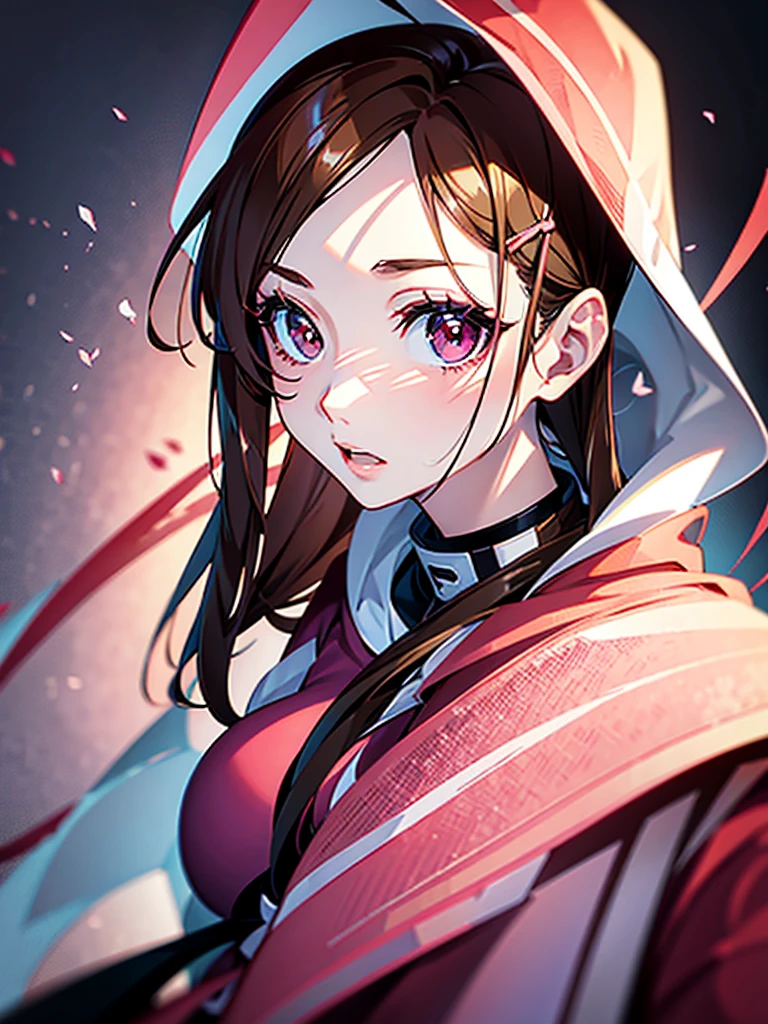 anime 2d em jujutsu kaisen, the girl must have dark brown eyes, light brown hair with blonde highlights and bangs, your outfit is the jujutsu kaisen uniform, She must hold a pink wand with powers and a pink aura will come out around her body and her hair will be floating MEDIUM LIGHT BROWN HAIR AND BROWN EYES WITH PINK STRIPES AND BLOOD ON THE FACE FIGHTING KAWAII