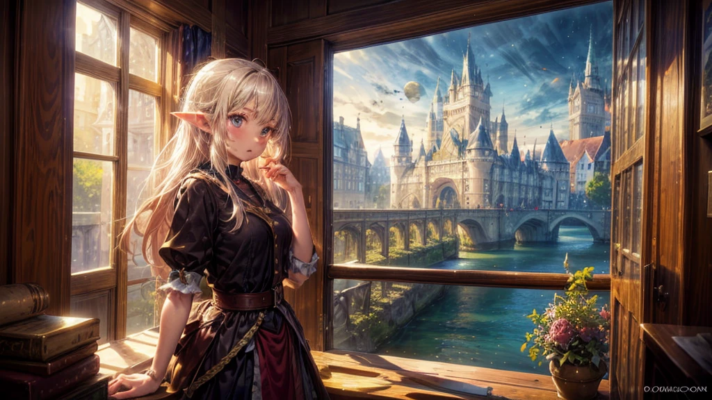 Fantasy art, RPG Art, Princess looking out the window at the magic castle, A beautiful elven princess looks out her window at the enchanted castle, An impressive castle with great attention to detail, with tower, bridge, moat, Standing on the mountain top, moon,