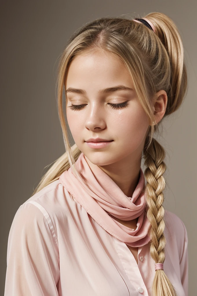 Create a realistic portrait of a young girl around or seventeas light blonde, long, straight hair tied in a low ponytail. Her eyes are closed, showing a serene and focused expression. She is holding a microphone close to her mouth with her right hand, while her left hand rests on her chest. The girl is wearing a stronger pink blouse with cutouts on the shoulders and white details, as well as a pink scarf around her neck. She has visible tears on her cheeks. The background should be simple and soft, preferably in pastel tones to maintain a delicate atmosphere focused on the girl.