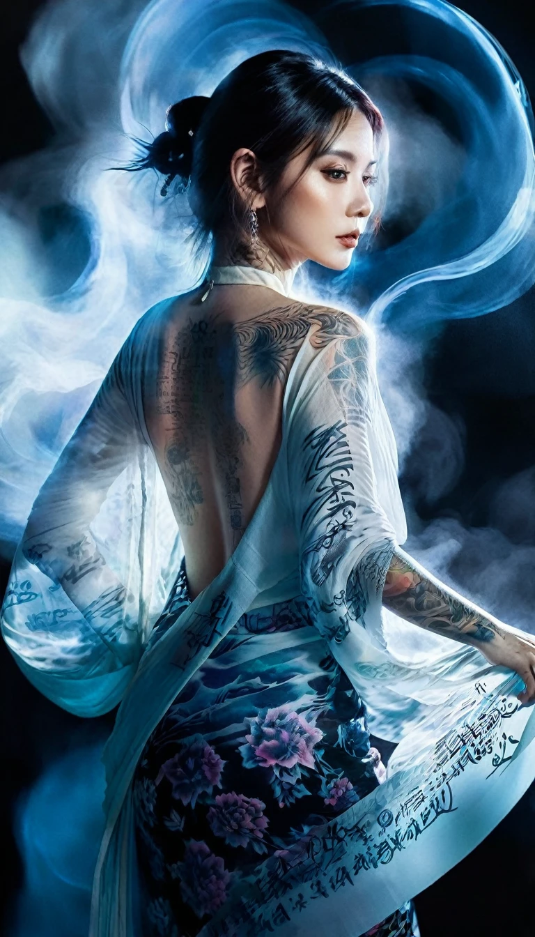 Double Exposure Style,Volumetric Lighting,a girl (Supermodel) with Wrap top,arching her back, beautiful tattoo, Traditional Attire,Artistic Calligraphy and Ink,light depth,dramatic atmospheric lighting,Volumetric Lighting,double image ghost effect,image combination,double exposure style,