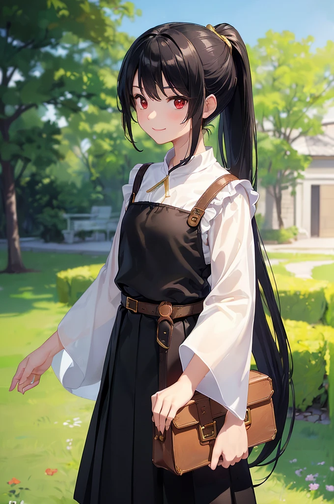 (masterpiece; best quality: 1.2), (finely detailed eyes: 1.3), ((10 year old female )), ((solo)), (red eyes: 1.4), (body; short, slender: 1.3), (black hair in ponytail: 1.3), (beautiful and clear background: 1.2), ((depth of field)), (clothes: wanderer mage attire + white-and-gold wide-sleeve shirt + very long black skirt + traveler pouches and satchel: 1.3), (anime illustration: 1.2), (background; garden exterior: 1.1), (extremely fine and beautiful: 1.1), (shot composition; standing + centered on torso + close-up: 1.5), (expression; calm, smile: 1.2)