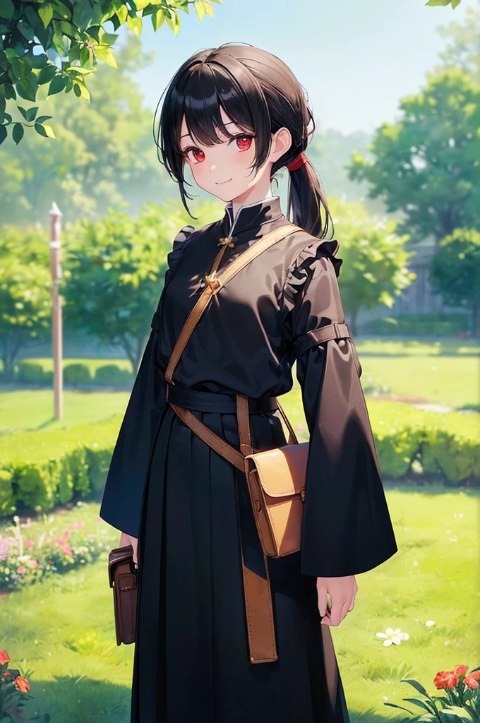 (masterpiece; best quality: 1.2), (finely detailed eyes: 1.3), ((10 year old female ???)), ((solo)), (red eyes: 1.4), (body; short, slender: 1.3), (black hair in ponytail: 1.3), (beautiful and clear background: 1.2), ((depth of field)), (clothes: wanderer mage attire + white-and-gold wide-sleeve shirt + very long black skirt + traveler pouches and satchel: 1.3), (anime illustration: 1.2), (background; garden exterior: 1.1), (extremely fine and beautiful: 1.1), (shot composition; standing + centered on torso + close-up: 1.5), (expression; calm, smile: 1.2)