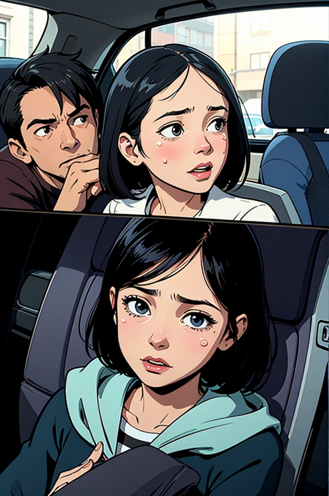 mother and father and their 5 year old daughter, in a car. the cried because he didn't want his father and mother to go to work . Comic style