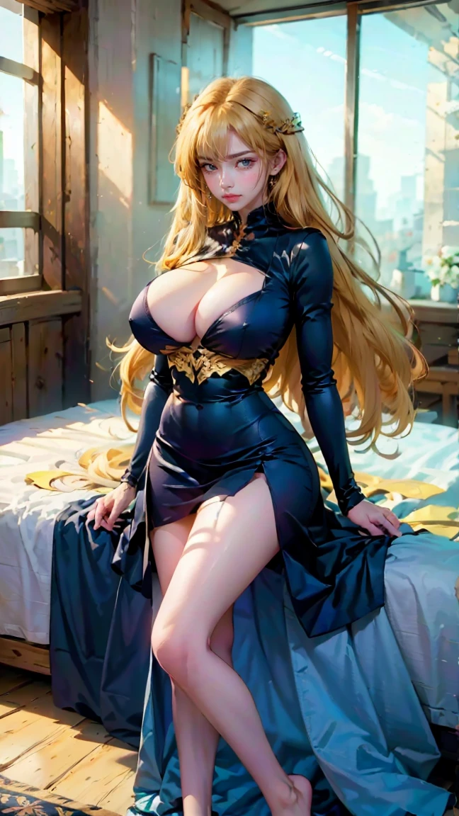 Best quality, masterpiece, ultra high res, raw photo, beautiful and aesthetic,deep shadow, dark theme,(ultra detailed:1.3),
1girl, sitting pose, Headdress, (beautiful face, detailed eye:1.2), embarrassed, (busty breasts, gigantic breasts:1.1), drill hair, long hair, blonde hair, gradient hair, yellow eyes, solo, big hair, blue hair, divine goddess, looking at viewer, indoors, royal palace, medieval bedroom, astraea, full body, sailor senshi uniform, see through