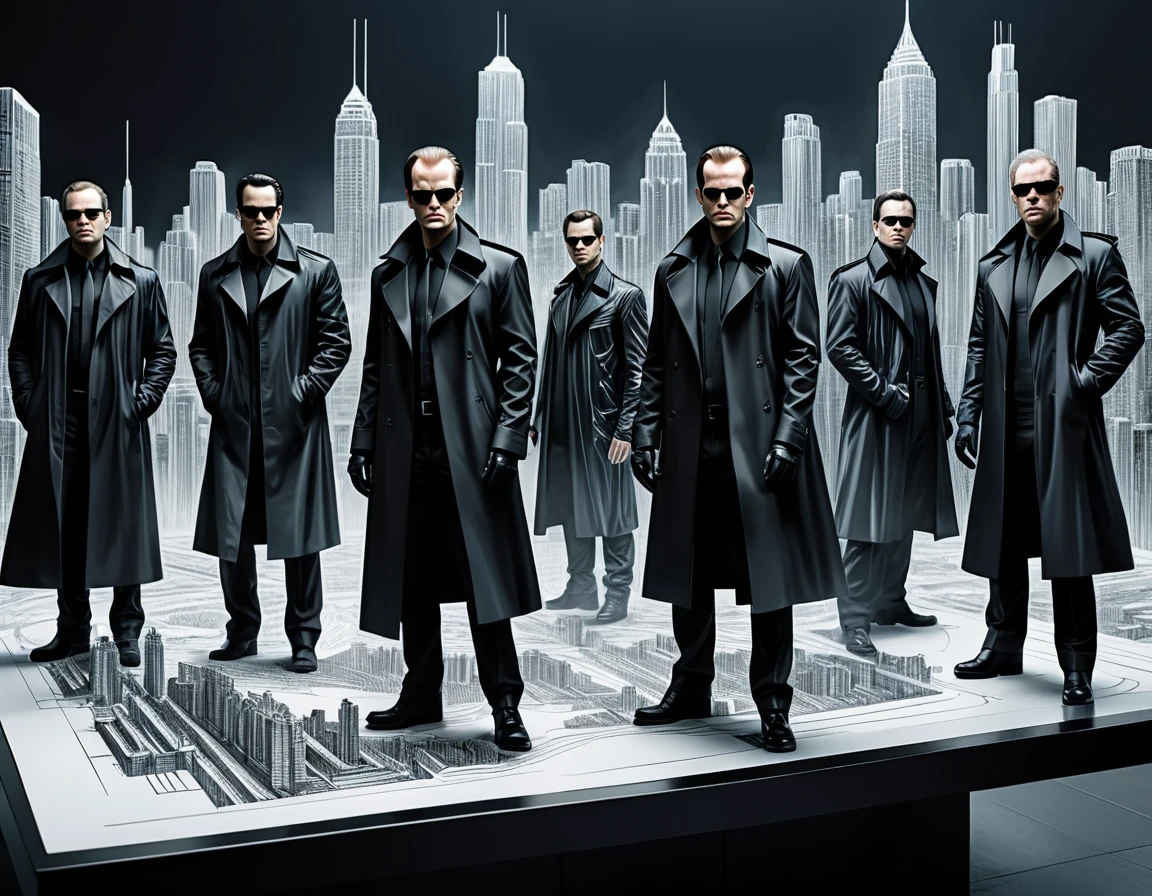 On a sheet of paper placed on a large desk, Drawing large 4D figurines in stunning and breathtaking uhd ink style, Agent Smith, a group of ten identical men in Black trench coat, matrix style, futuristic city center,  fully detailed, high quality, high resolution 