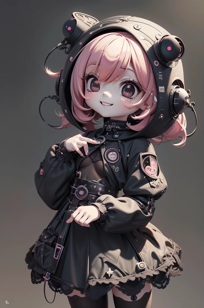 High quality、（Perfect Anatomy）、（Perfect human anatomy）、Perfect balance、Perfect finger shape、Pink Hair , , Realistic, One cute girl, Very cute、, slightly smaller eyes、、（Plump lips）、A small front tooth is visible、smile、(((Black jet black eyes)))、Gothic、（((Full Body Shot))）、Young appearance、Slender、((Petite girl))、Lace fabric、See-through、(((Small breasts))),plastican00d、sticker、robot
j_Sci-fi