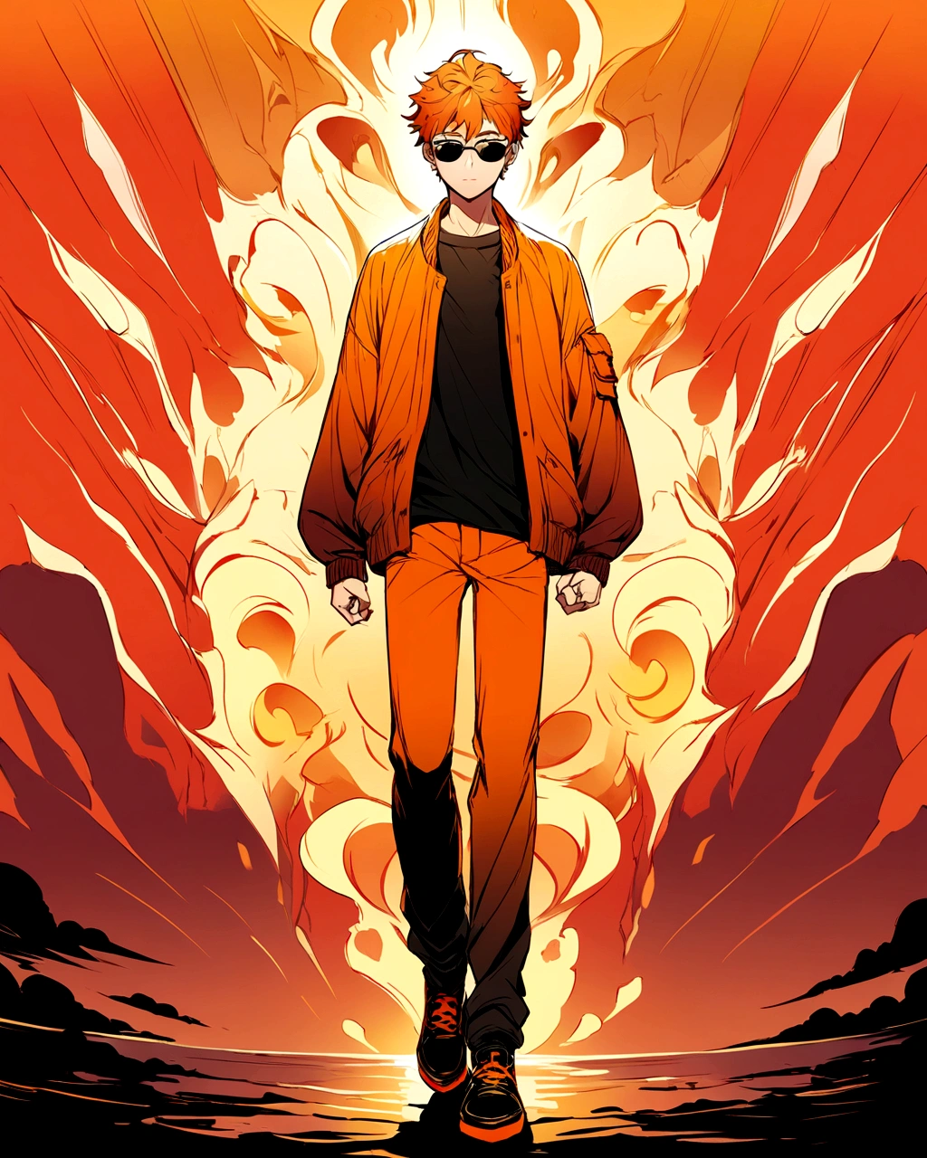 Create an anime-style illustration of a boy wearing an outfit predominantly colored in shades of orange. The outfit should include a stylish jacket, a t-shirt, pants, and shoes, all coordinated in various tones of orange. The background should complement the outfit, incorporating harmonious colors like soft yellows, warm browns, or a sunset gradient to enhance the overall aesthetic. The illustration should capture a vibrant and energetic mood."