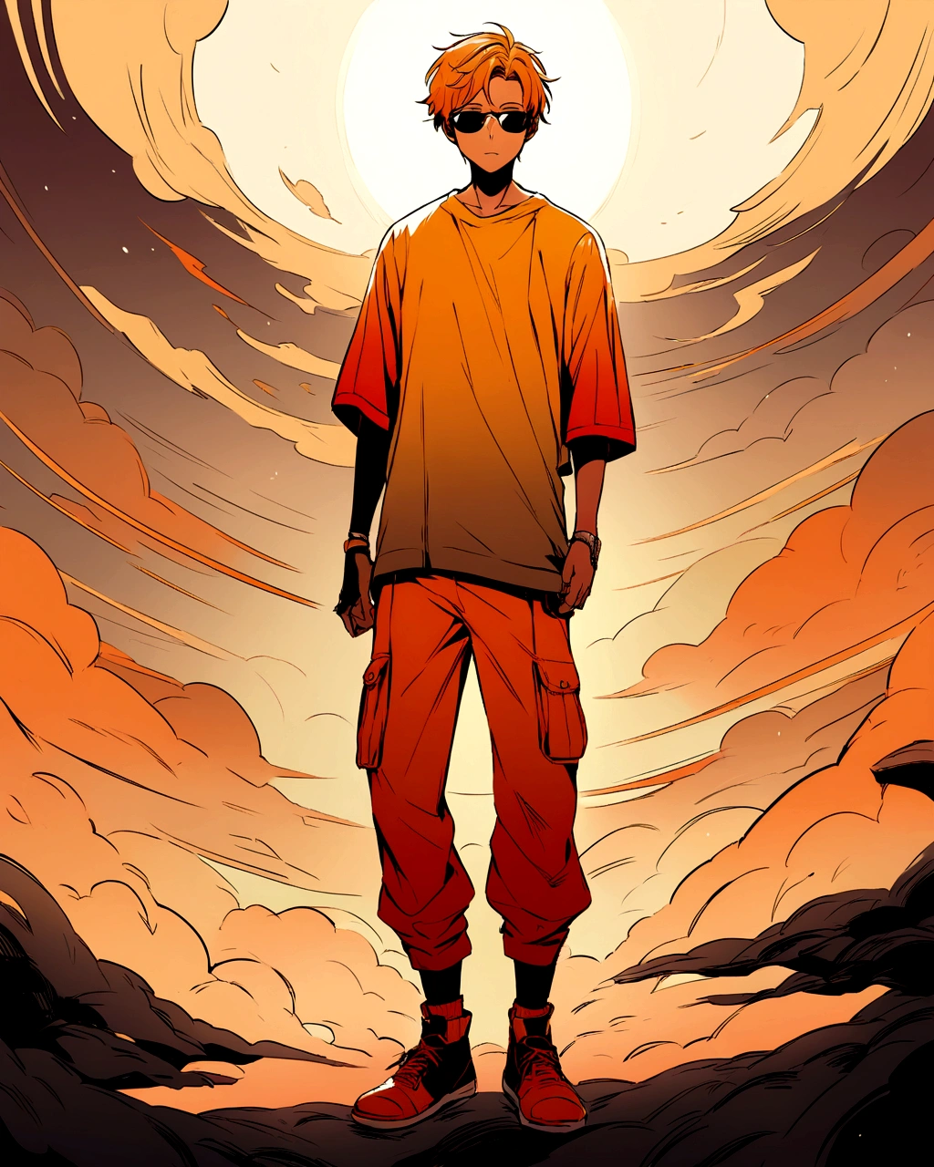 Create an anime-style illustration of a boy wearing an outfit predominantly colored in shades of orange. The outfit should include a stylish jacket, a t-shirt, pants, and shoes, all coordinated in various tones of orange. The background should complement the outfit, incorporating harmonious colors like soft yellows, warm browns, or a sunset gradient to enhance the overall aesthetic. The illustration should capture a vibrant and energetic mood."