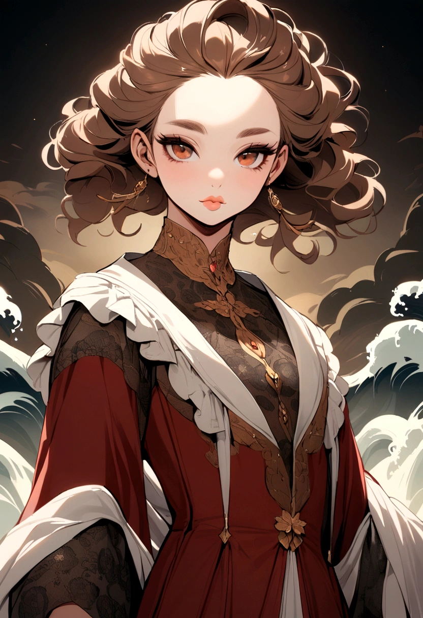 Brown eyes and brown with waves and open forehead, reddish cheeks, long eyelashes and big lips and that has beautiful chothes 