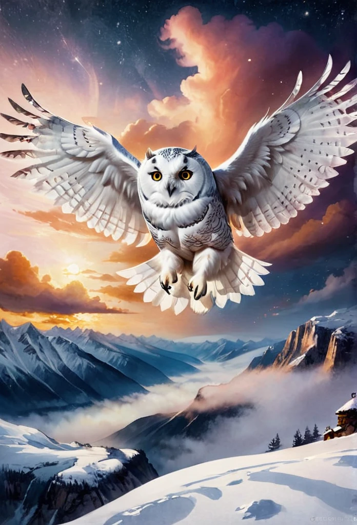 Snow owl, Flying, snow scene background, , Mysterious clouds, expression of surprise, incredible views, Unavailable, in the sky, legend, stars illuminating the night sky, Fly free, adventure, terraces, High mountains, Amazing sunset, Fly as much as you want, Through the clouds, Spirit of adventure, Shocking scene with wings spread, Huge starry sky, fusion of tradition and modernity./masterpiece Illustration, high quality, 8k, high resolution, ink