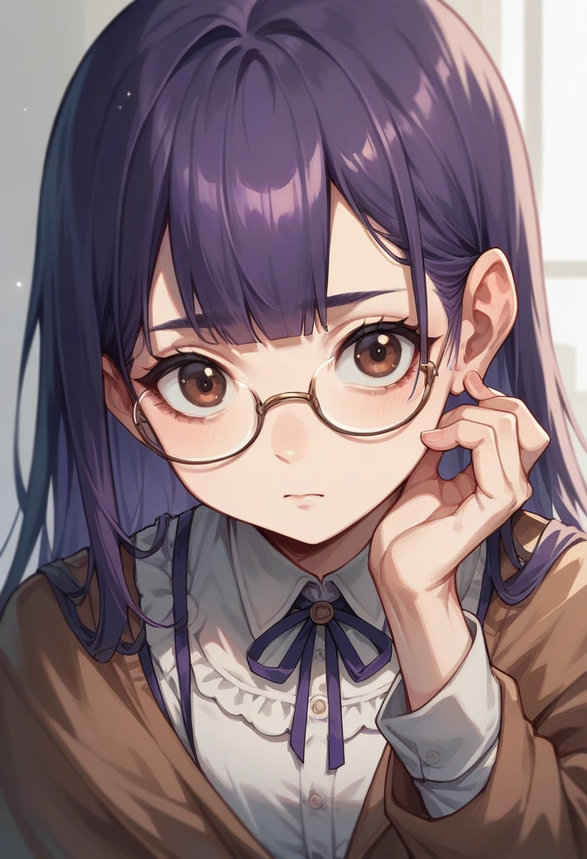 create a blythe doll with light tan skin, glasses, dark purple hair, bangs and brown eyes