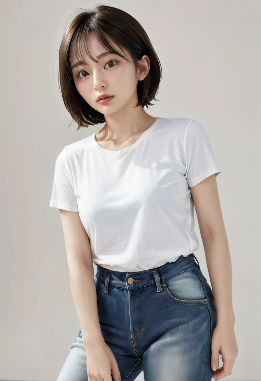 photorealistic, Photography ,BREAK, short hair woman, standing in front of a full-length mirror taking a (selfie:1.5),(white-Tshirts and denim pants), in simple bedroom , white background, (short hair), BREAK, 8k , LAW , best-quality, masterpiece, hyper realistic detail shiny skin , natural shading , realistic shadow, BREAK (hyper realistic detail shiny skin, detailed skin, detailed hair, ultra sharpness, intricate details), perfect anatomy