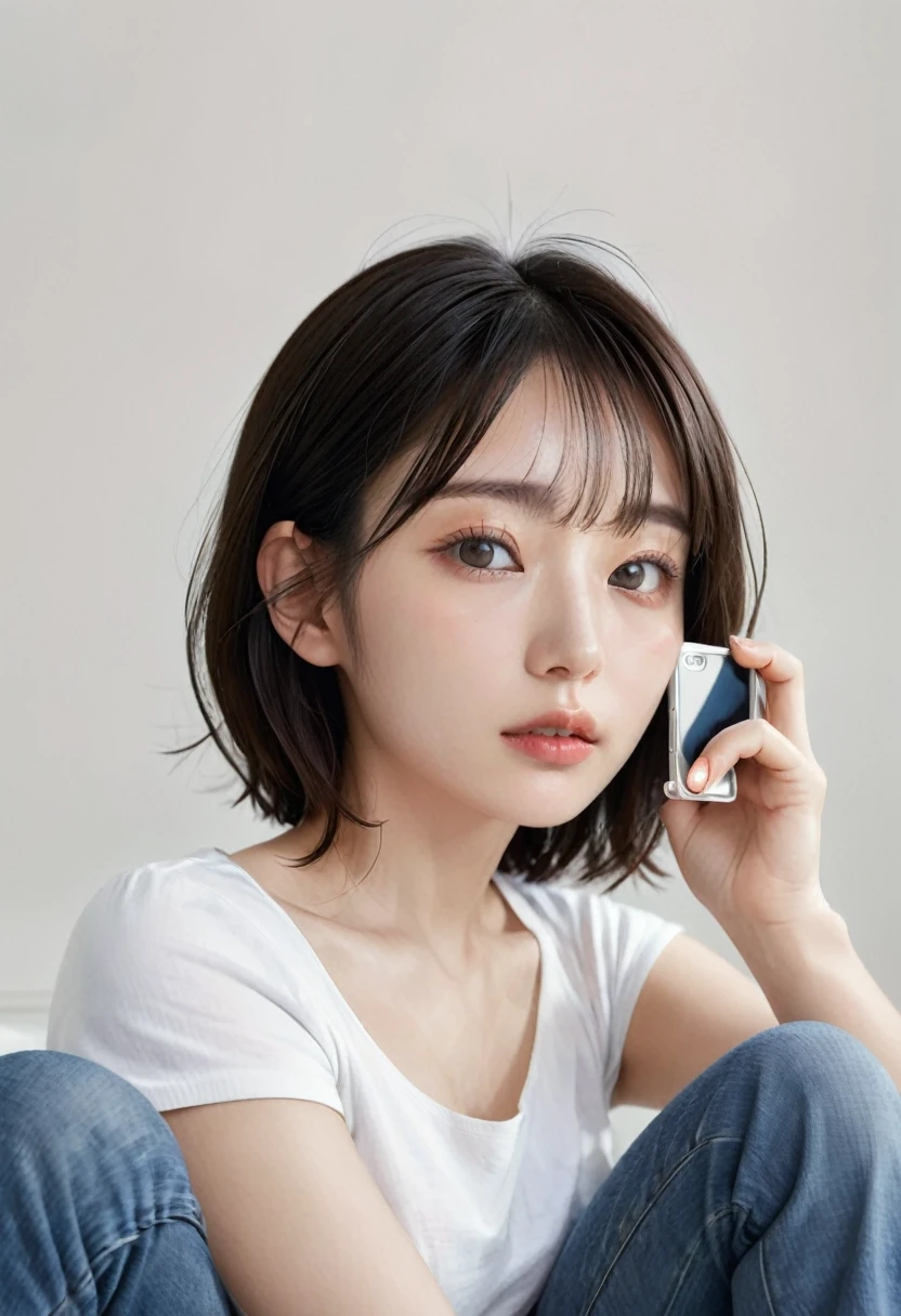photorealistic, Photography ,BREAK, short hair woman, standing in front of a full-length mirror taking a (selfie:1.5),(white-Tshirts and denim pants), in simple bedroom , white background, (short hair), BREAK, 8k , LAW , best-quality, masterpiece, hyper realistic detail shiny skin , natural shading , realistic shadow, BREAK (hyper realistic detail shiny skin, detailed skin, detailed hair, ultra sharpness, intricate details), perfect anatomy