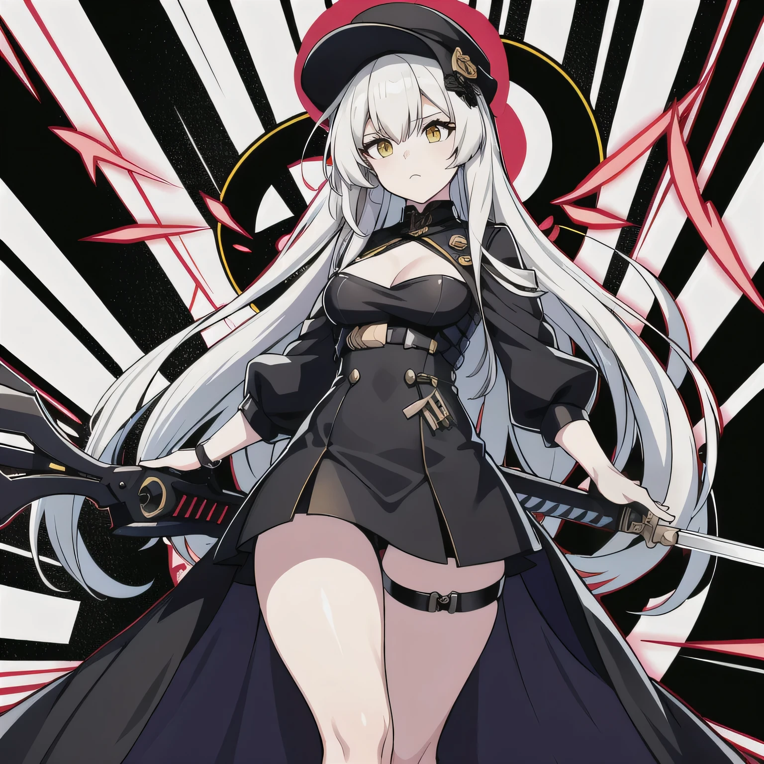 one Anime girl wearing a black dress and has yellow hair, yellow eyes, from girls frontline, girls frontline style, Kantai collection style, From the night of the ark, girls frontline universe, Fine details. Girl Front, Girls Frontline CG, Girl Front,arknight, azur lane style, white haired Cangcang, trending on artstation pixiv，simplebackground，The halo, holding a sword in battle stance