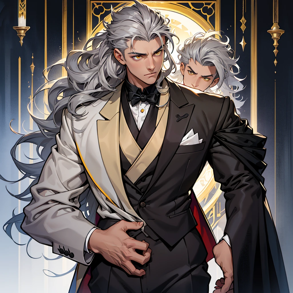A 15 year old boy, just a boy, just a boy, weak body, fragile body, no muscles, big gray hair, gray hair, very big hair, extremely big hair, big hair, yellow eyes, suit, wearing black suit, tuxedo, wearing tuxedo, medieval background, medieval era, Ultra HD 4k, 4k, Ultra HD