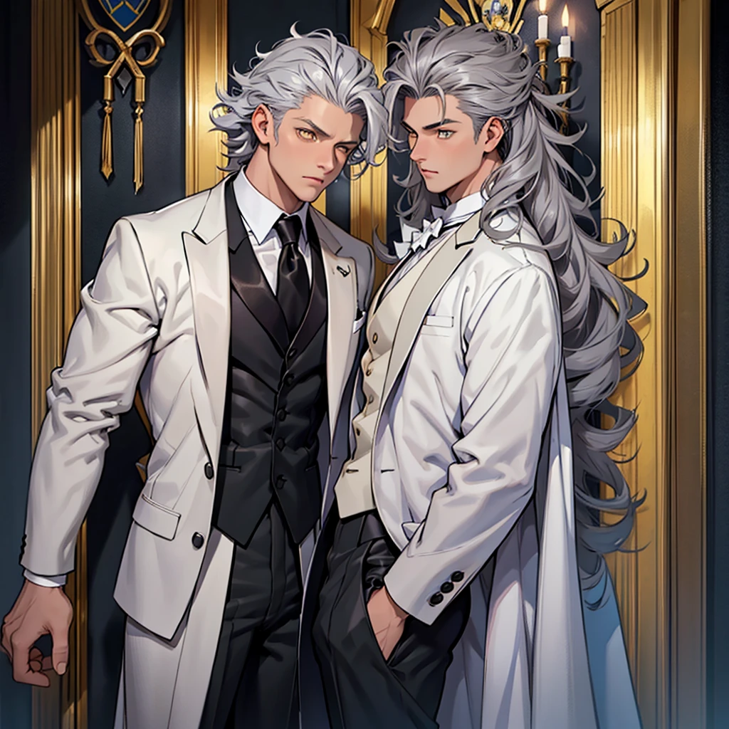 A 15 year old boy, just a boy, just a boy, weak body, fragile body, no muscles, big gray hair, gray hair, very big hair, extremely big hair, big hair, yellow eyes, suit, wearing black suit, tuxedo, wearing tuxedo, medieval background, medieval era, Ultra HD 4k, 4k, Ultra HD