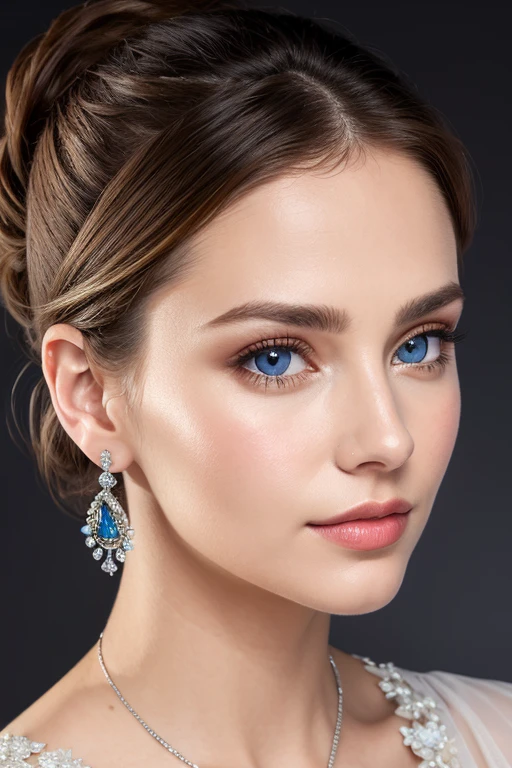 (​masterpiece、top-quality), intricate detailes, realisitic, Photorealsitic, Close-up portrait of a woman wearing earrings, Covered with crystal, Silver color, blue eyess, Platinum Jewelry, flawless structure, Look at viewers