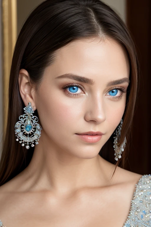 (​masterpiece、top-quality), intricate detailes, realisitic, Photorealsitic, Close-up portrait of a woman wearing earrings, Covered with crystal, Silver color, blue eyess, Platinum Jewelry, flawless structure, Look at viewers