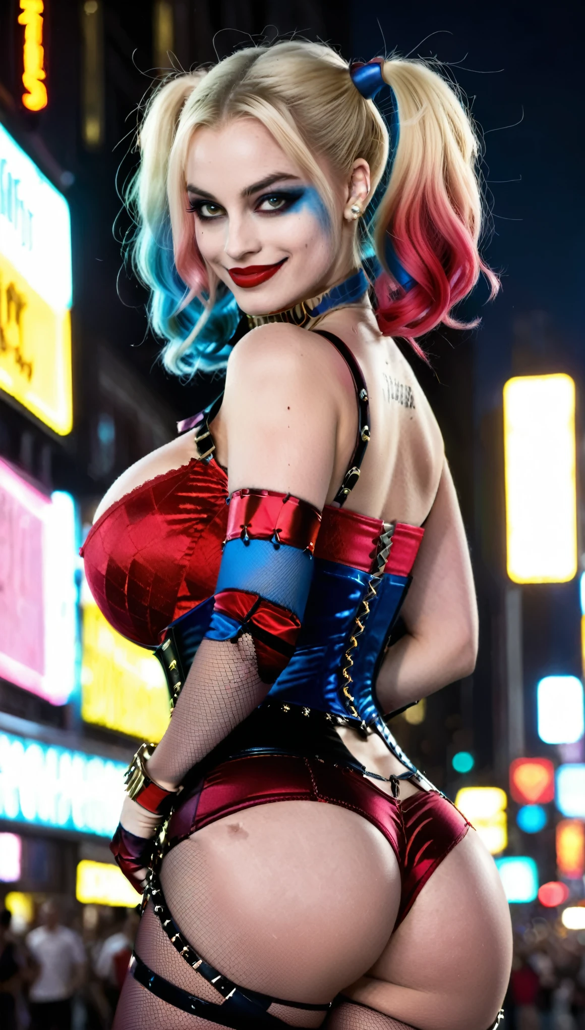 Create a realistic image of a woman, (large breasts), view from behind, athletic build, hourglass figure, dressed as a Harley Quinn-inspired character, psychotic smile. She has blonde hair styled in two pigtails, with the ends dyed red and blue. She wears a red and black corset top with lace-up detailing, red shorts, and a choker necklace. She has amazing legs. Her makeup includes bold eye colors matching her hair and a small heart on her cheek. The background is a vibrant city street at night, with neon lights and a bustling crowd of people. The overall atmosphere is edgy and dynamic, capturing a playful yet mischievous vibe. (Wide angle distant full body view from behind:1.6). Hyper realistic photo, vibrant colors, 16k