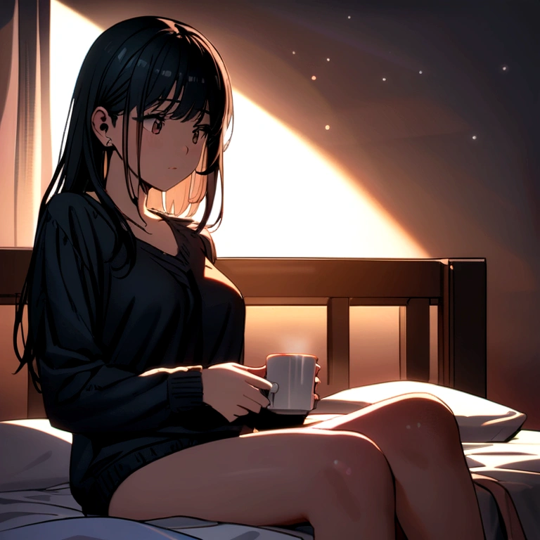A woman with long black hair and a D cup is sitting on the bed