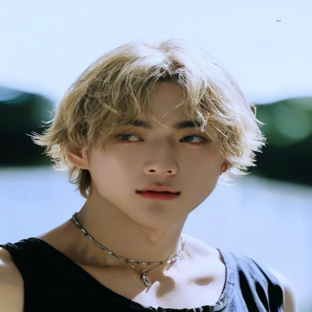 a close up of a person with a necklace on a neck, cai xukun, hyung tae, portrait of jossi of blackpink, with short hair, young wan angel, jinyoung shin, taejune kim, portrait of kpop idol, Kim taehyung bts, bts, Kim taehyung, Korean male face, male face, kpop boy