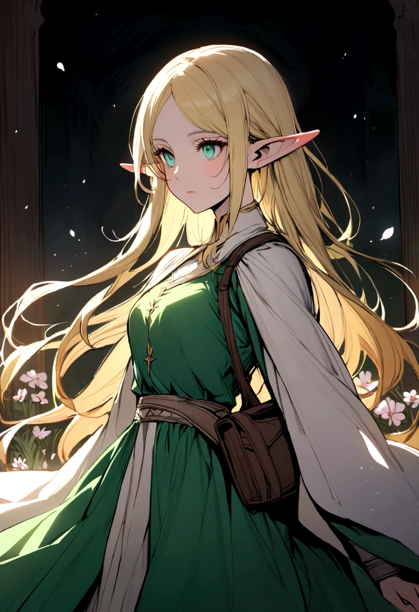 Female elf, long silky blonde hair, pink and white flower tucked behind right ear, fair skin, emerald eyes, has a hunter's bow on her back, blue and green dress that shimmers in the light, cleric
