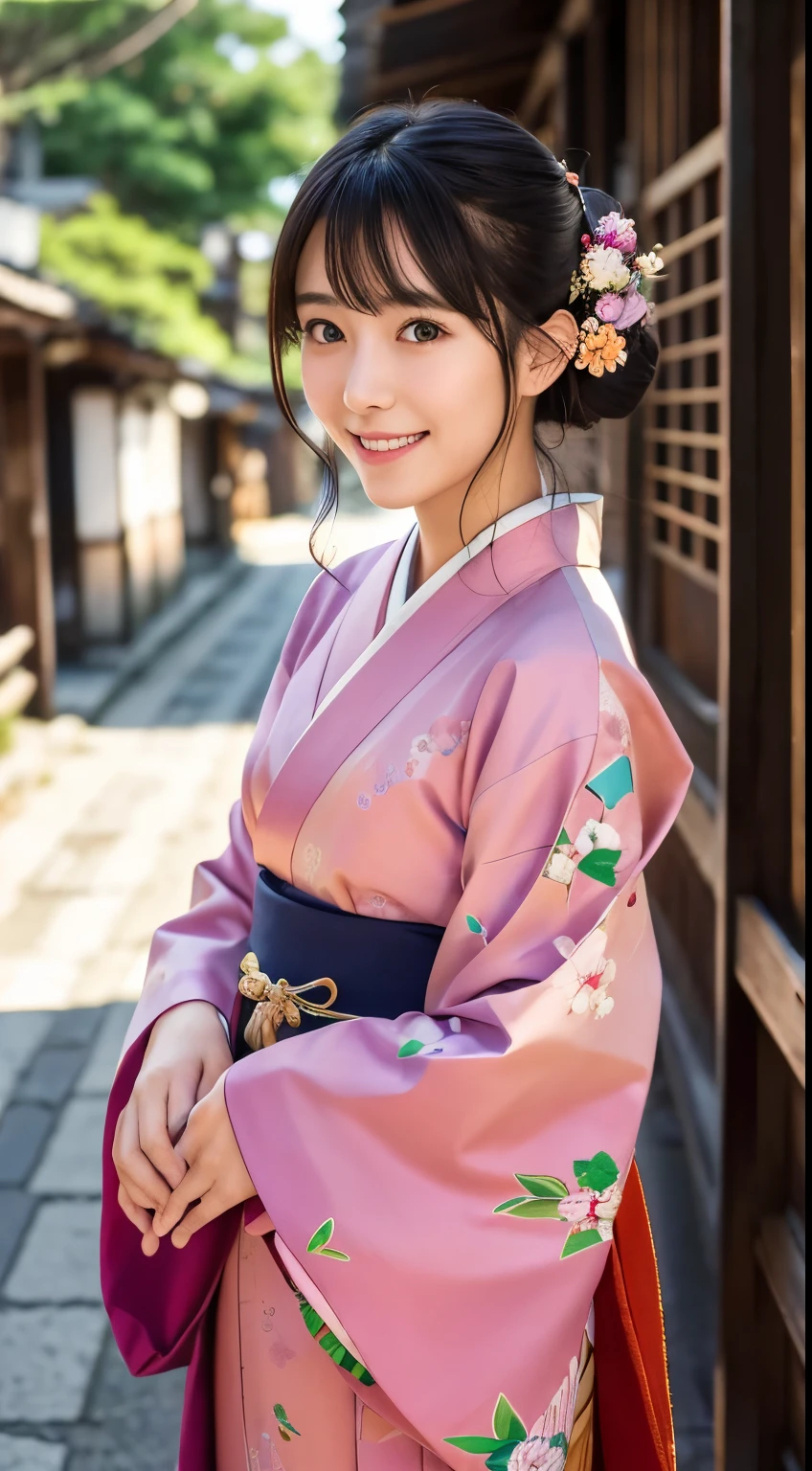 Professional Lighting,(Photorealistic:1.4), (Top image quality:1.0), (超A high resolution:1.0), 8K, Raw photography, (masterpiece:0.2), (Facing the children_v1:0.5)、(最高quality Detail:1.2)、Realistic、8K Ultra HD、High resolution、(1 girl:1.2)、超detailedな、High quality textures、複雑なdetailed、detailed、Very detailed CG、High quality shadows、detailed 美しく繊細な顔、Beautiful details and a delicate eye、(Symmetrical eyes:1.2),Written boundary depth、Ray Tracing,1 girl, Japanese Girls, (Natural smile:1.4),cute, thin, Portrait of a beautiful Japanese woman in a kimono, Standing elegantly on a street corner in Kyoto. Kimono with vibrant traditional patterns, Hair decorated with elegant and delicate hairpins, Gentle expression. (With the old streets of Kyoto in the background:1.4)、The soft light of a spring afternoon、Adding tranquility to the scene. Rendered in a Realistic style with great attention to detail, High resolutionの画像.Sky Porn, Magic Hour, (Realistic:1.3), finely, quality, (Tabletop:1.2), (Realistic:1.2), (最高quality), (複雑なdetailed), dramatic, Ray Tracing, photograph, +roller
