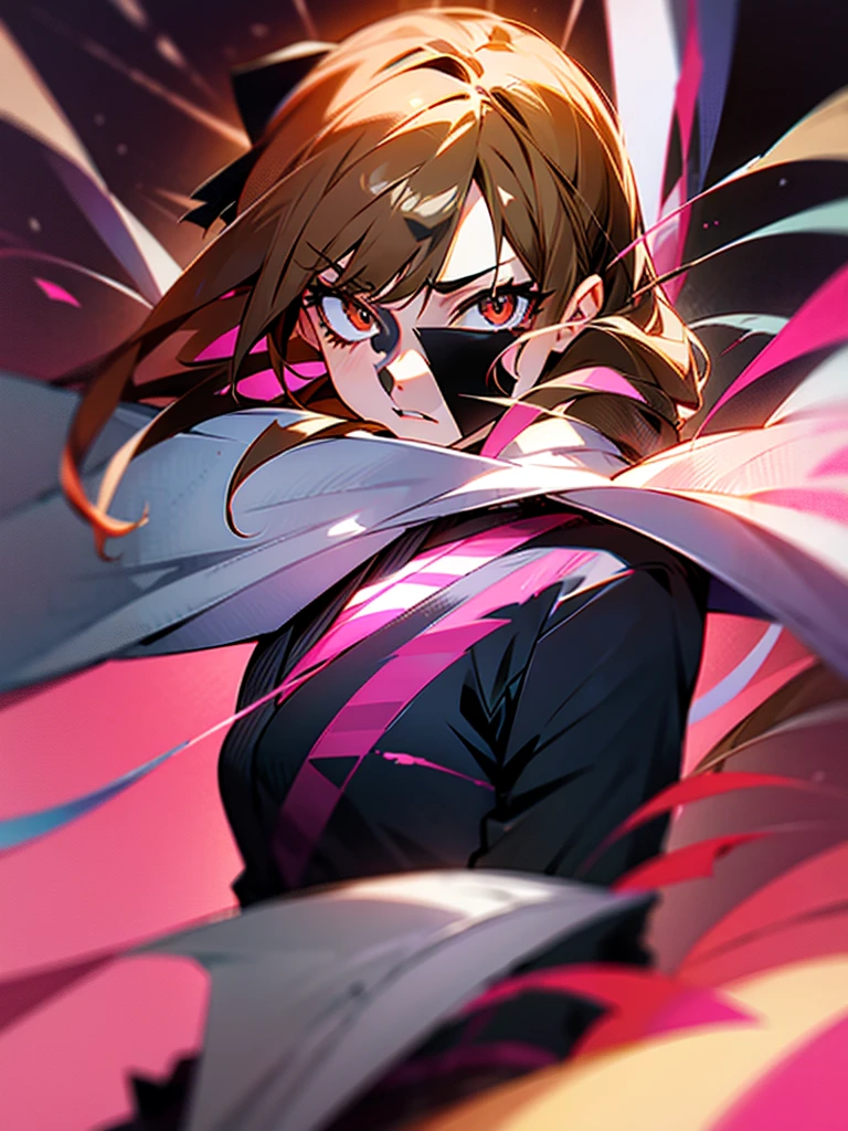 anime 2d em jujutsu kaisen, the girl must have dark brown eyes, light brown hair with blonde highlights and bangs, your outfit is the jujutsu kaisen uniform, She must hold a pink wand with powers and a pink aura will come out around her body and her hair will be floating MEDIUM LIGHT BROWN HAIR AND BROWN EYES WITH PINK STRIPES AND BLOOD ON THE FACE FIGHTING KAWAII
