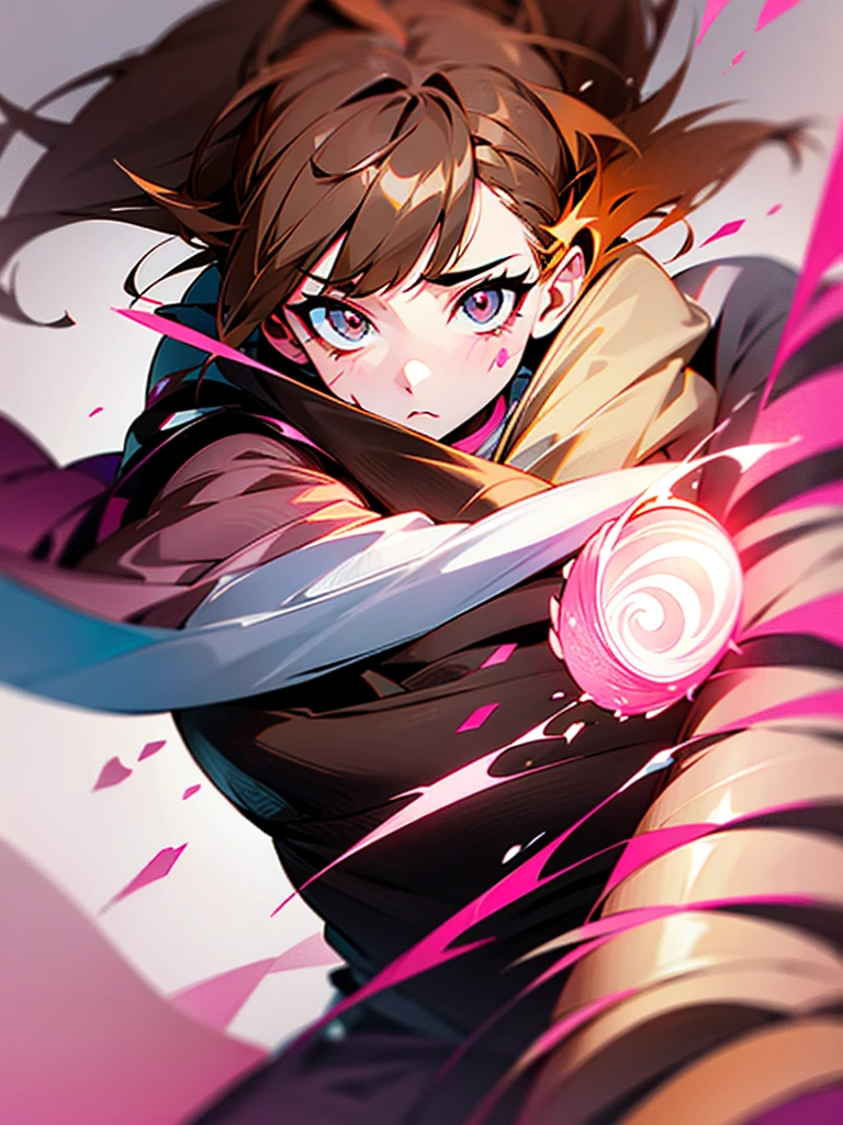 anime 2d em jujutsu kaisen, the girl must have dark brown eyes, light brown hair with blonde highlights and bangs, your outfit is the jujutsu kaisen uniform, She must hold a pink wand with powers and a pink aura will come out around her body and her hair will be floating MEDIUM LIGHT BROWN HAIR AND BROWN EYES WITH PINK STRIPES AND BLOOD ON THE FACE FIGHTING KAWAII