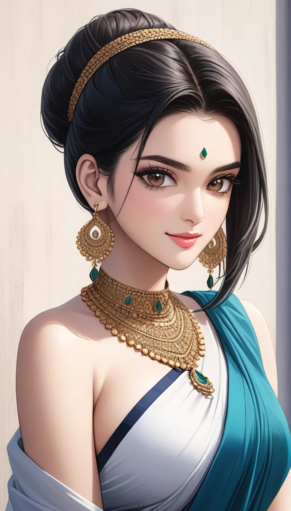 a woman, Kriti Sanon, outdoors, realistic skin texture, smiling, post-processing, Maximum texture, masterpiece, ultra-detailed, photorealistic, realistic, real picture, hyperrealism, Sharp focus, insane details, intricate details, full sharp, detailed face, realistic eyes,simple white stucco background ,big hoop earrings, makeup,white skin,sharp jawline ,big earrings, oversized earrings,big breasts,full body view ,saree,black hair, necklace, eyeliner, eyeshadow, foundation, jewelry,bangles, anklet,silky hair, hair bun