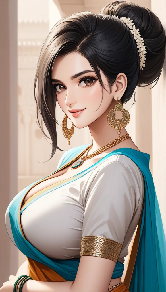 a woman, Kriti Sanon, outdoors, realistic skin texture, smiling, post-processing, Maximum texture, masterpiece, ultra-detailed, photorealistic, realistic, real picture, hyperrealism, Sharp focus, insane details, intricate details, full sharp, detailed face, realistic eyes,simple white stucco background ,big hoop earrings, makeup,white skin,sharp jawline ,big earrings, oversized earrings,big breasts,full body view ,saree,black hair, necklace, eyeliner, eyeshadow, foundation, jewelry,bangles, anklet,silky hair, hair bun