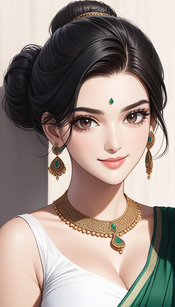  a woman, Kriti Sanon, outdoors, realistic skin texture, smiling,   post-processing, Maximum texture, masterpiece, ultra-detailed, photorealistic, realistic, real picture, hyperrealism, Sharp focus, insane details, intricate details,  full sharp, detailed face, realistic eyes,simple white stucco background  ,big hoop  earrings, makeup,white skin,sharp jawline ,big earrings, oversized earrings,big breasts,full body view ,saree,black hair, necklace, eyeliner, eyeshadow, foundation, jewelry,bangles, anklet,silky hair, hair bun