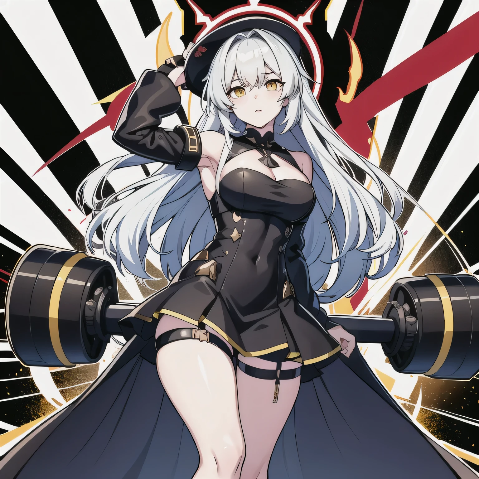 one Anime girl wearing a black dress and has yellow hair, yellow eyes, from girls frontline, girls frontline style, Kantai collection style, From the night of the ark, girls frontline universe, Fine details. Girl Front, Girls Frontline CG, Girl Front,arknight, azur lane style, white haired Cangcang, trending on artstation pixiv，simplebackground，The halo, holding a sword in battle stance