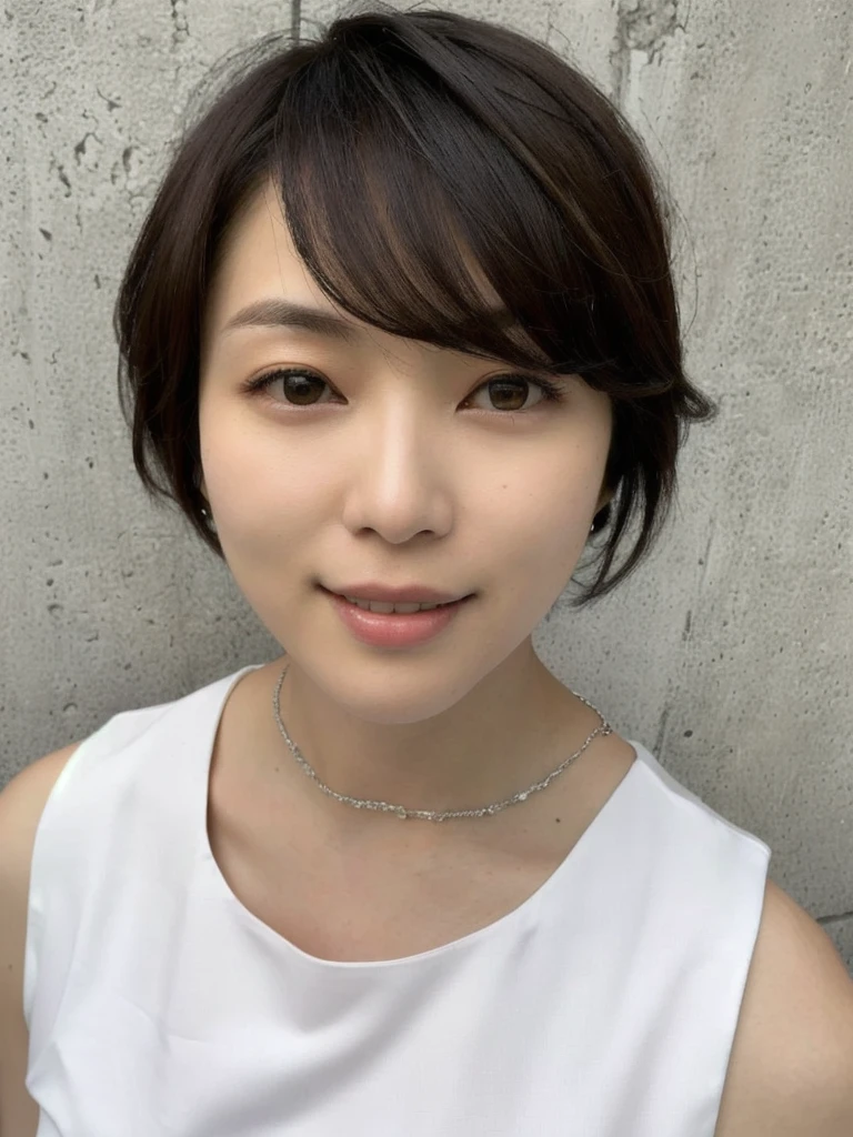 arafed woman with a necklace and a white shirt posing for a picture, with short hair, style of yoshii chie, kiyoko suzuki, narumi kakinouchi, Yoshitomo Nara, mutsumi akasaki, artist arata yokoyama, Chiho, shiori teshirogi