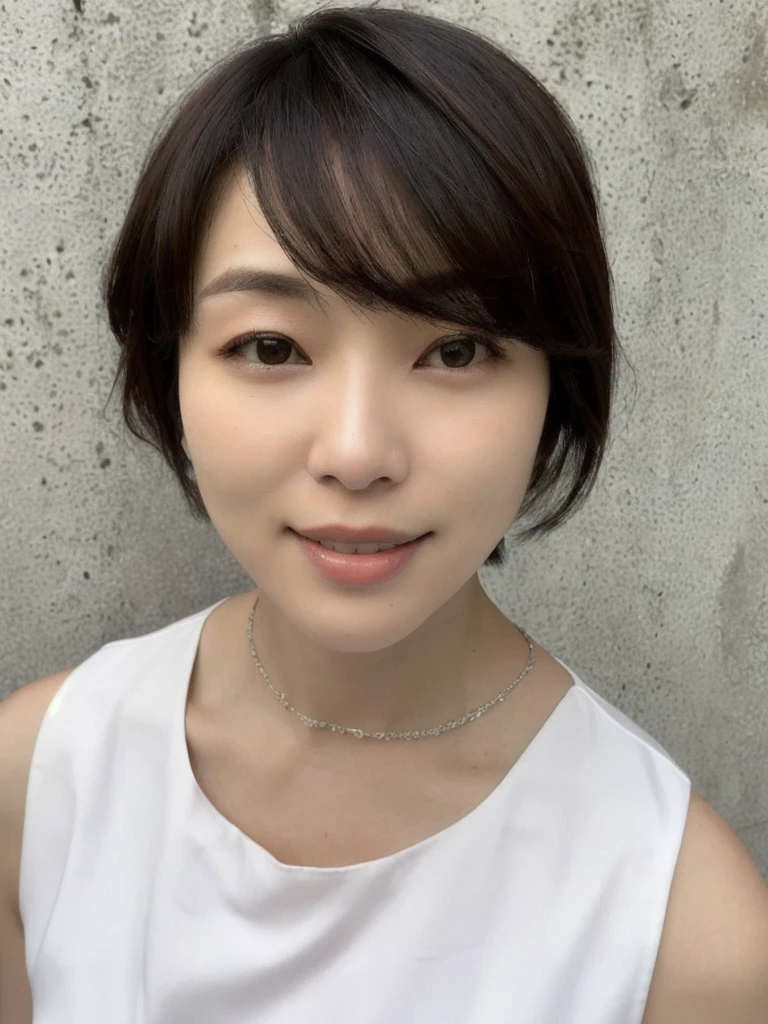 arafed woman with a necklace and a white shirt posing for a picture, with short hair, style of yoshii chie, kiyoko suzuki, narumi kakinouchi, Yoshitomo Nara, mutsumi akasaki, artist arata yokoyama, Chiho, shiori teshirogi
