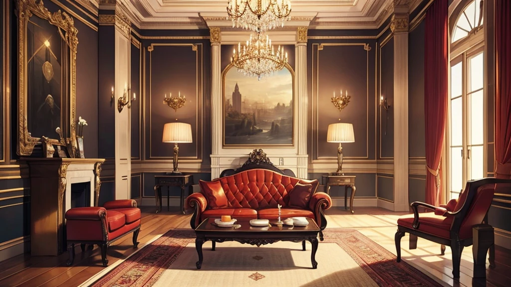Classical billionaire capitalism sitting room with fire sticks old school money vibe