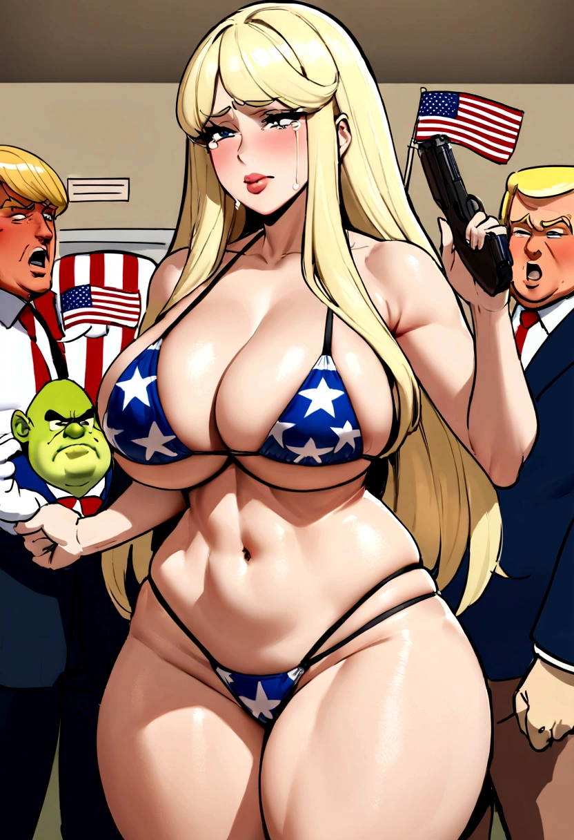 shrek in a bikini with his bare cheeks out, curvy thighs and a long blonde wig. A shrit with donald trump on it and a pin that says 'I love america'. His wife is in the background, crying while holding their three kids in her arms. He is also holding a gun, that makes him more american.