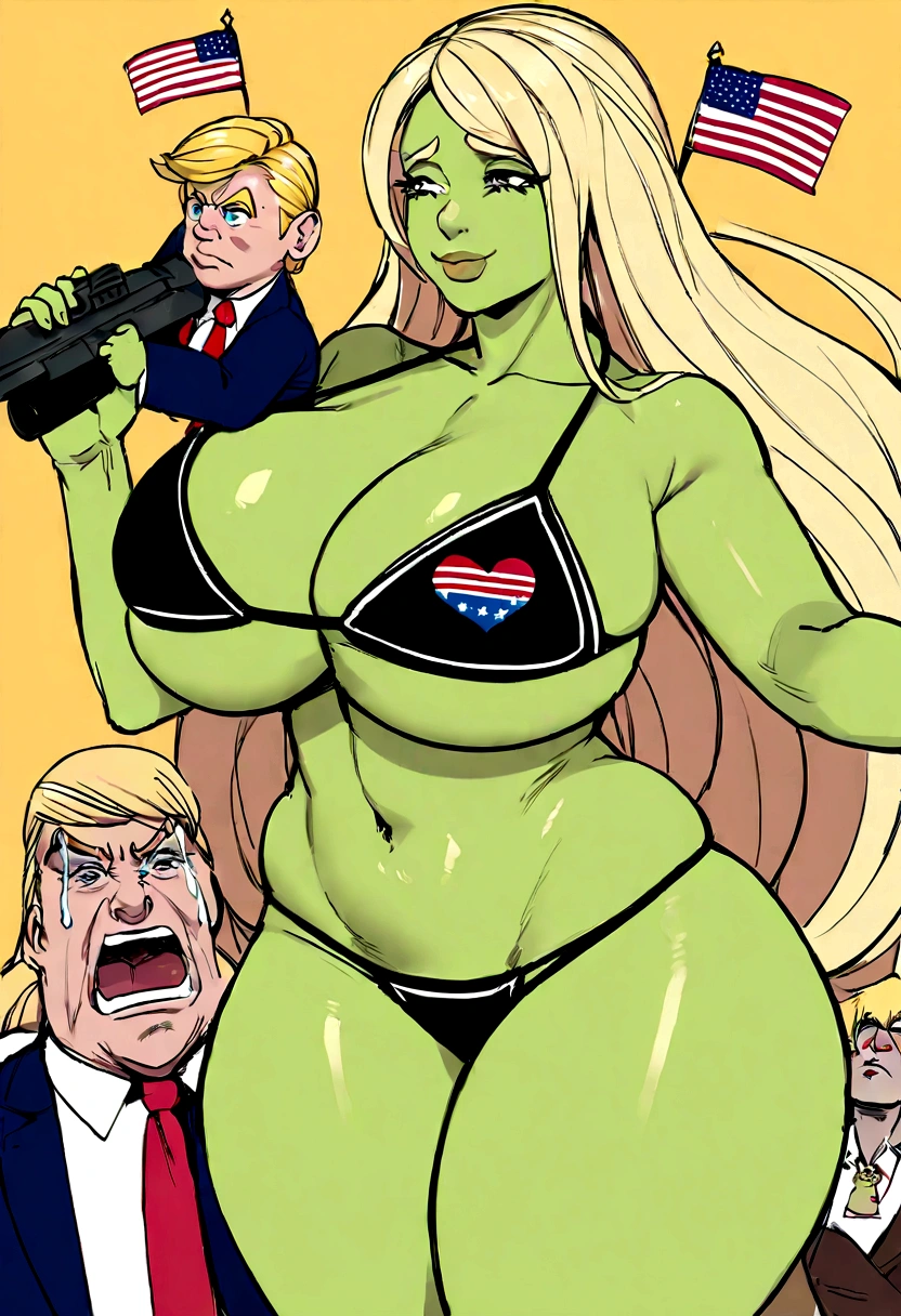 shrek in a bikini with his bare cheeks out, curvy thighs and a long blonde wig. A shrit with donald trump on it and a pin that says 'I love america'. His wife is in the background, crying while holding their three kids in her arms. He is also holding a gun, that makes him more american.